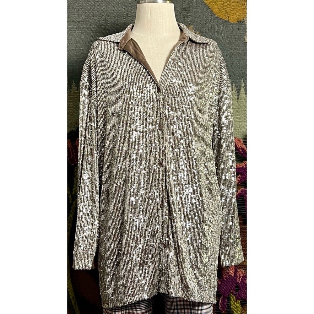 Anthropologie Flat White Sequined Buttondown Shirt S FLAWED